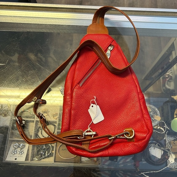 Valentina Genuine Leather Red Sling Bag Backpack with Tan Straps Made in Italy main image 4
